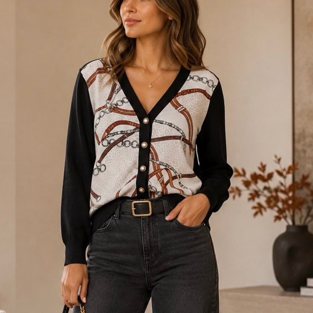Cache Belt-Print Long Sleeve Knit Cardigan Sweater Black White Womens Small